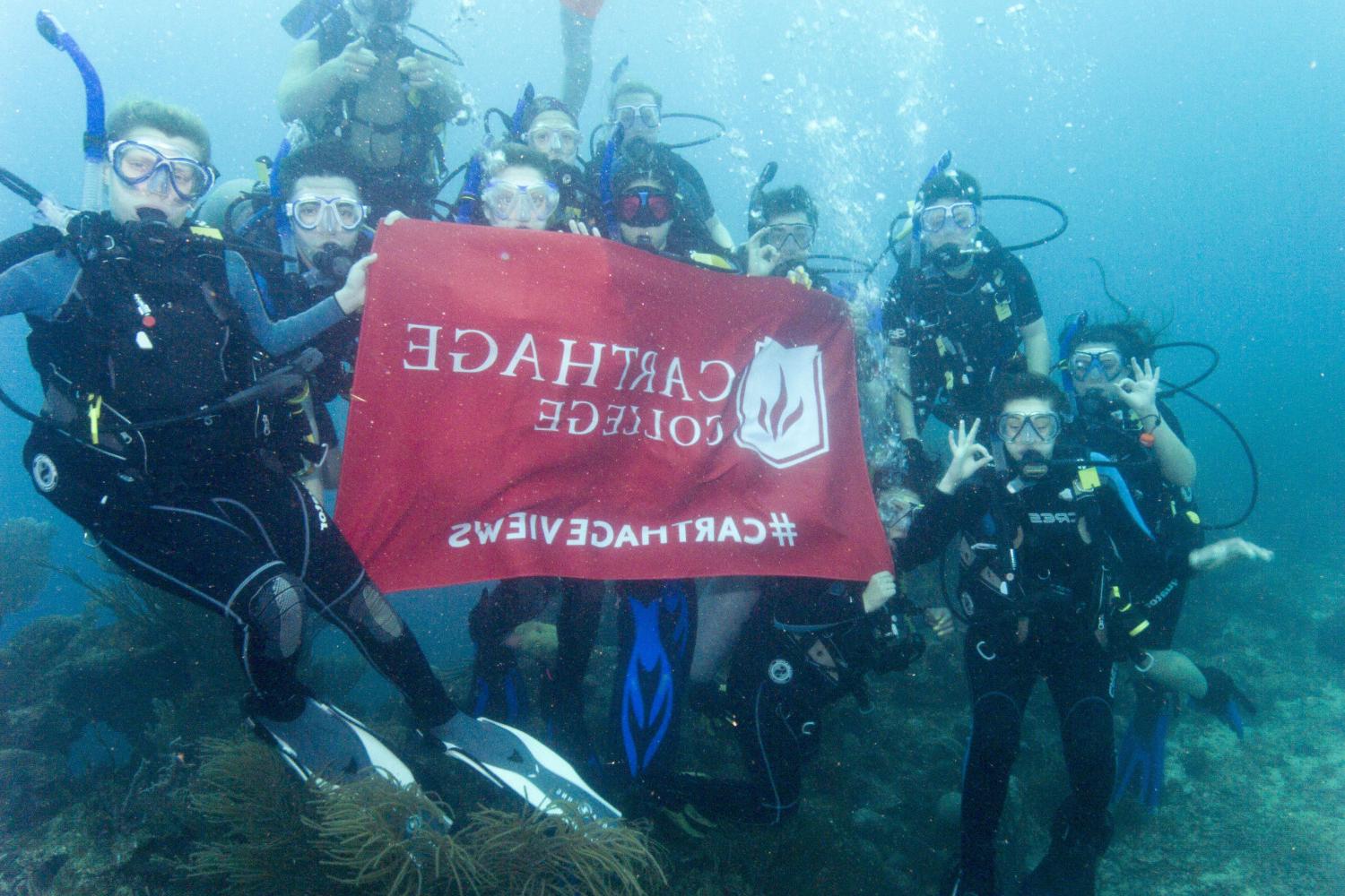 学生们手持<a href='http://m5t.educacaoparavida.com'>bv伟德ios下载</a>旗帜，在j学期洪都拉斯游学之旅中潜水.